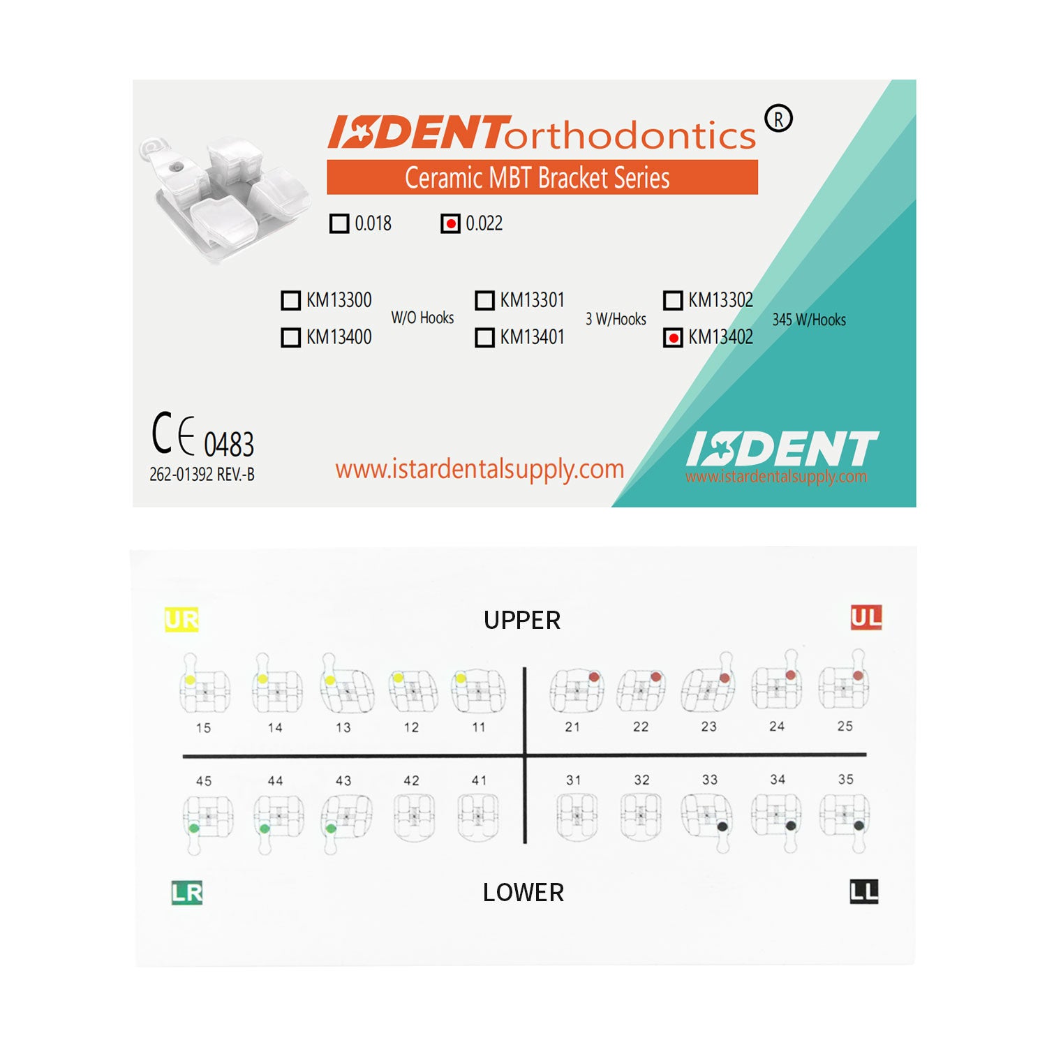 Aparelho cerâmico ISDENT, suporte ortodôntico transparente (MBT 022), 20 unidades/caixa