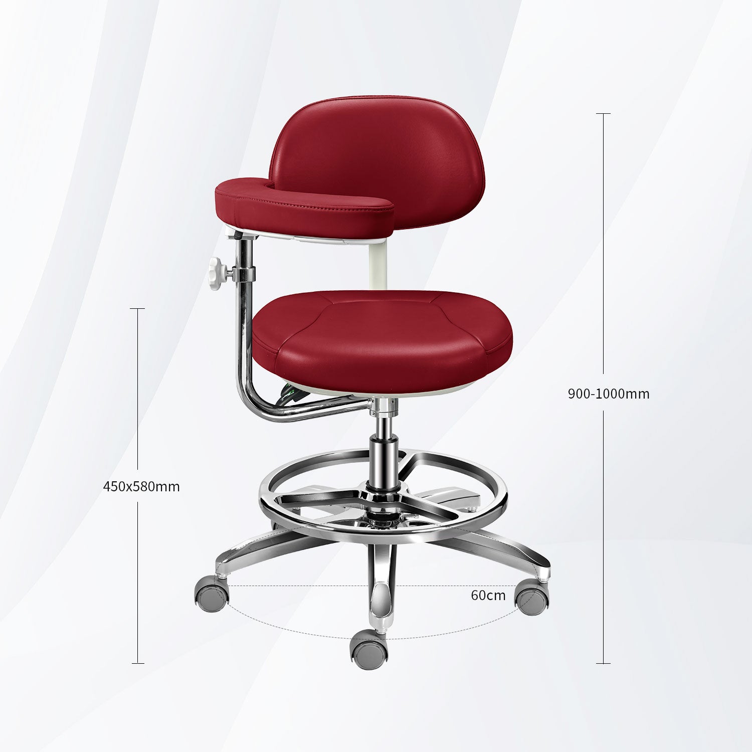 Silla auxiliar dental, taburete ergonómico con reposapiés y reposabrazos, respaldo ancho, taburete dental de cuero de microfibra