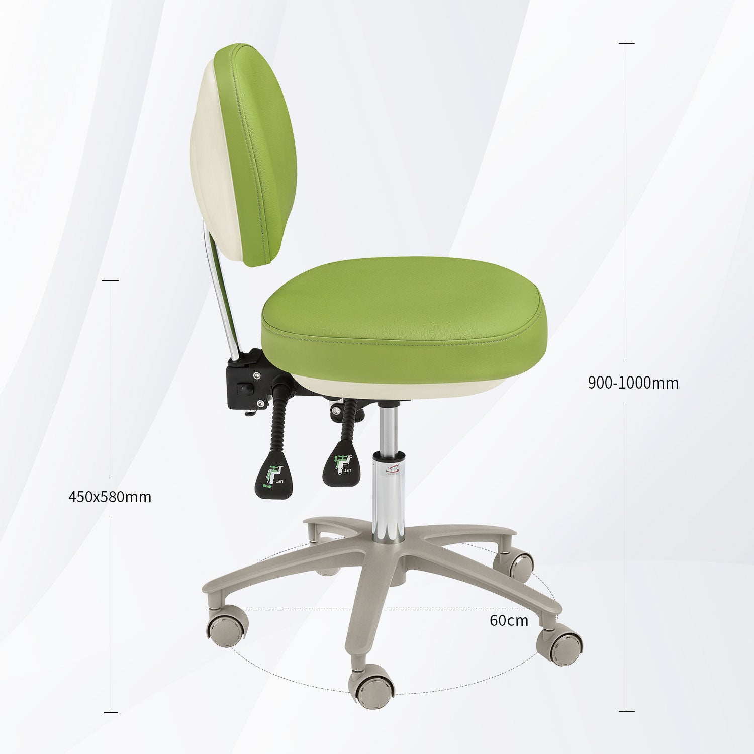 Tabouret dentaire ergonomique, chaise mobile réglable, tabouret de dentiste à coussin en PU et tabouret d'assistant avec dossier large